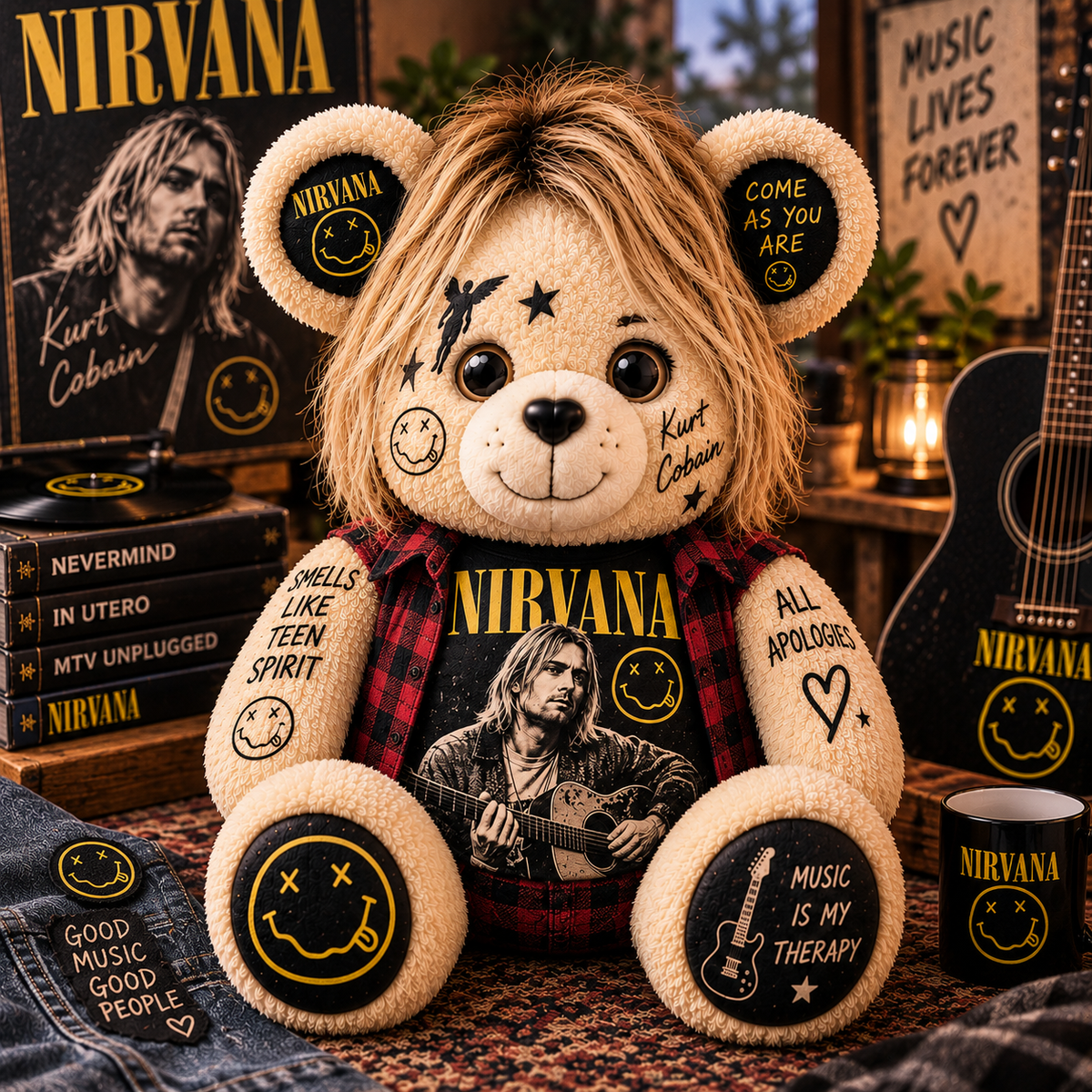 Nirvana Kurt Cobain Bear Custom Shaped Pillow – Smells Like Teen Spirit Grunge Music Fan Gift, 90s Rock Collectible