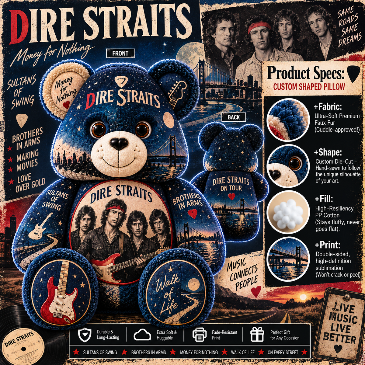 Dire Straits Bear Custom Shaped Pillow – Classic Rock Fan Gift