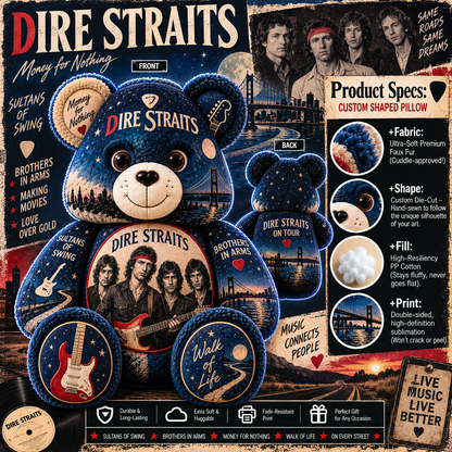Dire Straits Bear Custom Shaped Pillow – Classic Rock Fan Gift