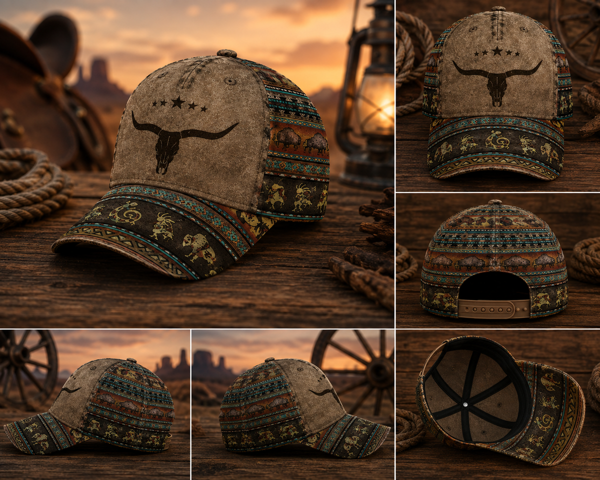 Western Longhorn Cap – Southwestern Cowboy Tribal Hat, Rustic Ranch Gift