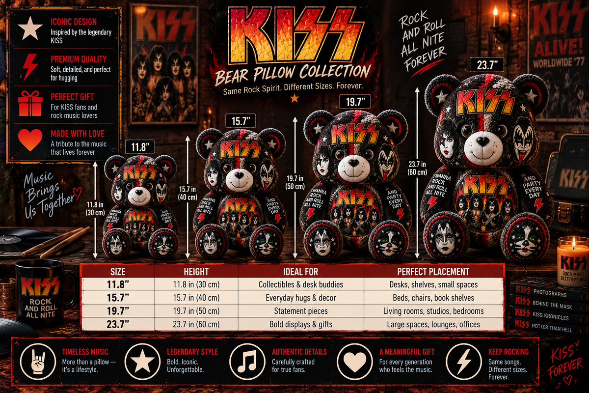 KISS Bear Custom Shaped Pillow – Rock and Roll Band Fan Gift, Classic Rock Music Decor