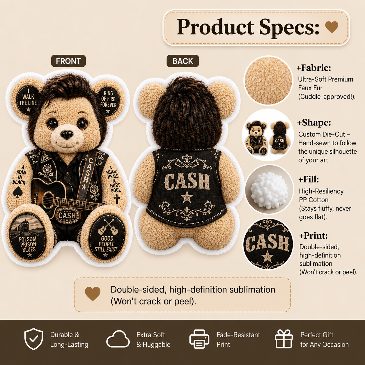 Johnny Cash Bear Custom Shaped Pillow – King of Country, Pure Country Music Fan Gift