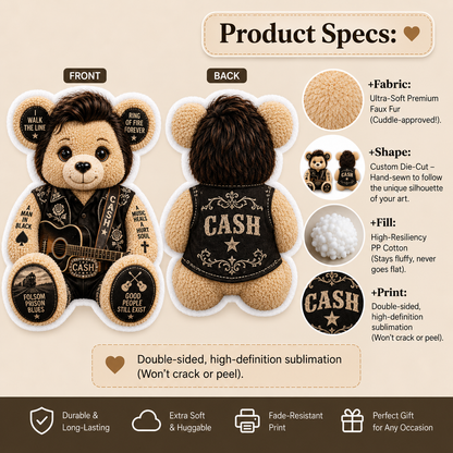 Johnny Cash Bear Custom Shaped Pillow – King of Country, Pure Country Music Fan Gift