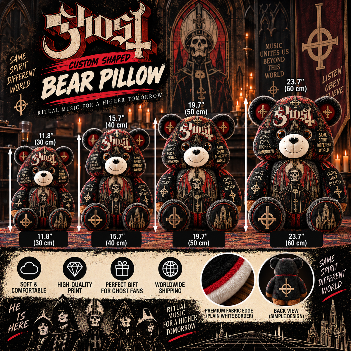 Ghost Custom Shaped Bear Pillow – Heavy Metal Music Inspired Gift for Ghost Fans