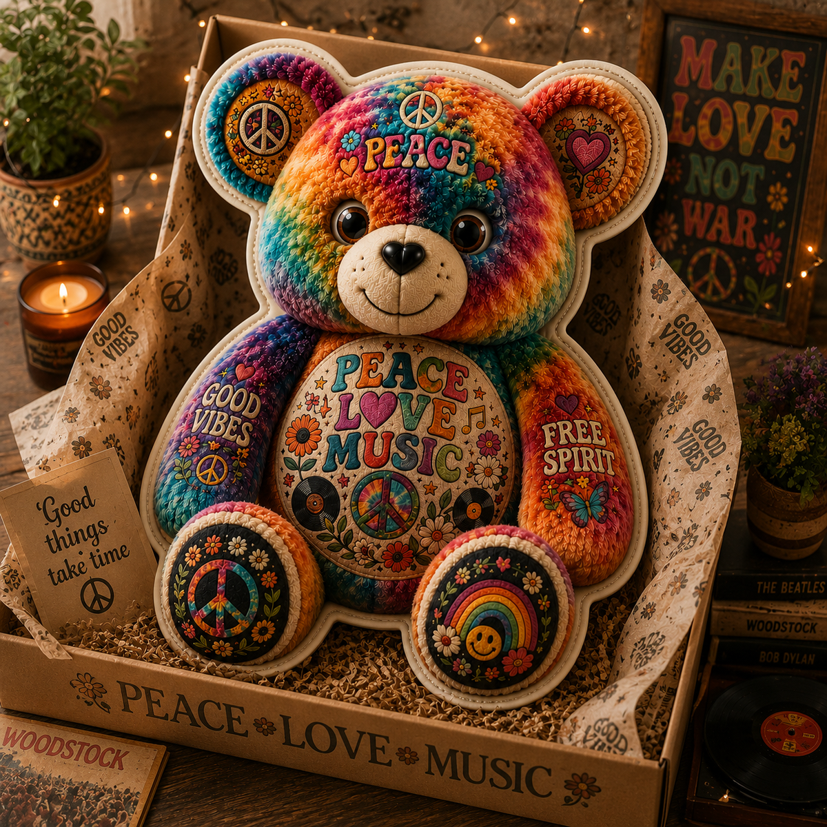 Peace Love Music Bear Custom Shaped Pillow – Hippie Good Vibes & Free Spirit Gift