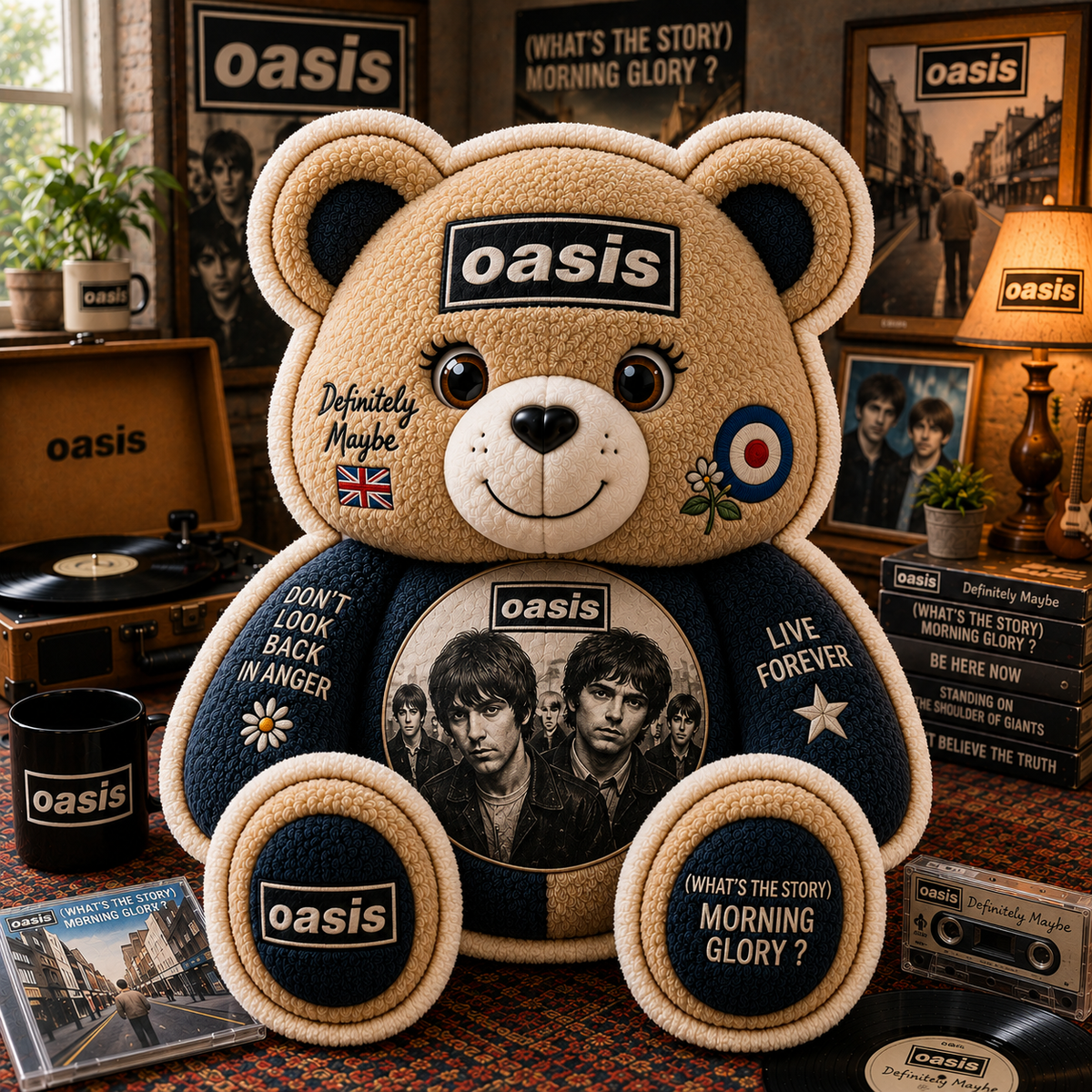 Oasis Bear Custom Shaped Pillow – Definitely Maybe & Morning Glory Music Fan Gift, Britpop Rock Lover Decor
