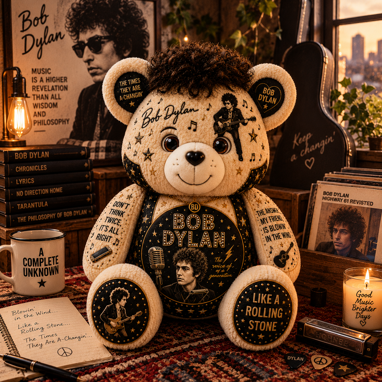 Bob Dylan Bear Custom Shaped Pillow – Like a Rolling Stone Music Fan Gift, Classic Folk Rock Legend Decor