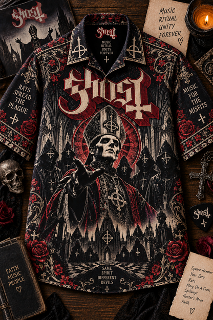 Ghost Hawaiian Shirt – Gothic Rock Music Inspired AOP Shirt, Dark Ritual Fan Gift
