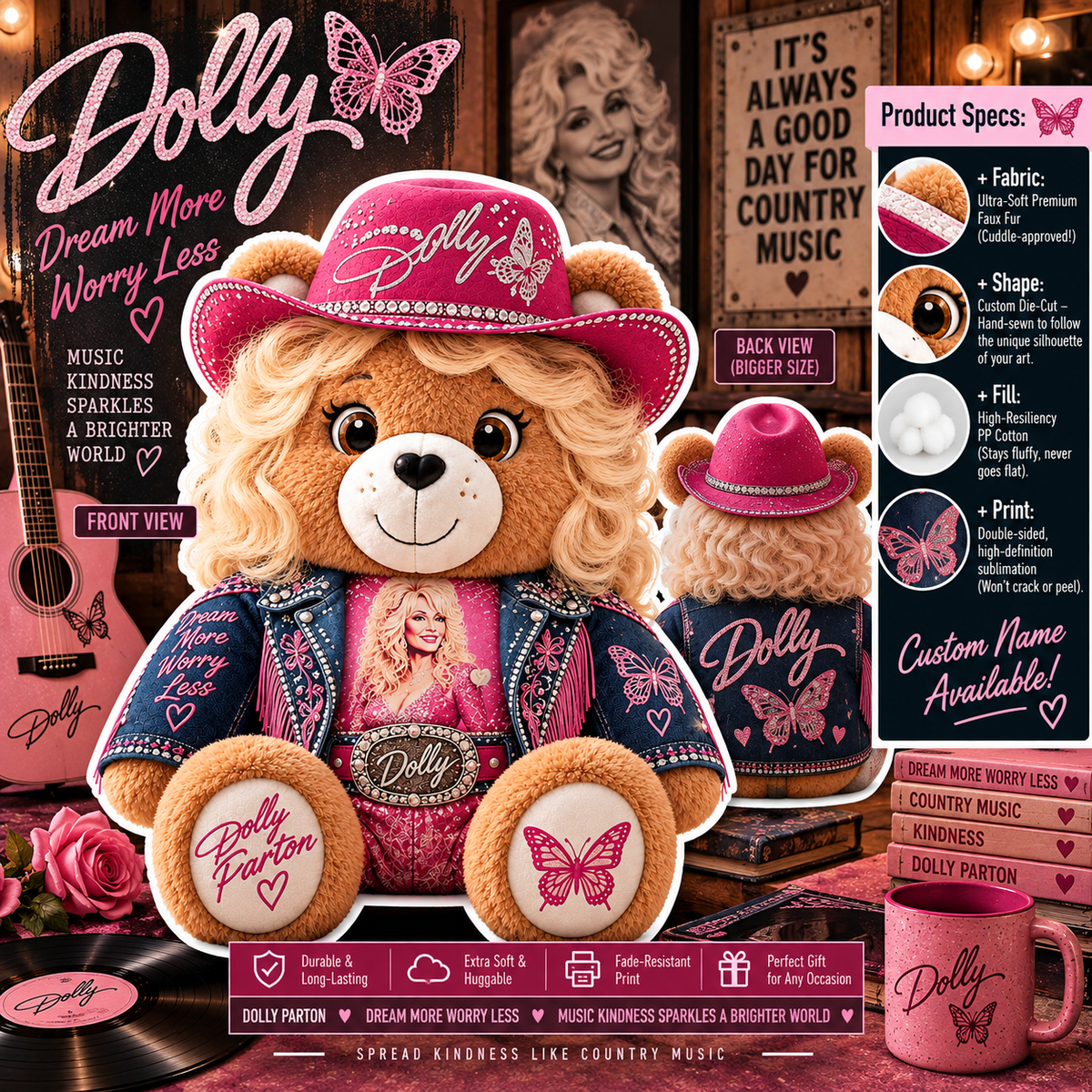 Dolly Parton Custom Shaped Bear Pillow – Country Music Inspired Gift for Dolly Parton Fans