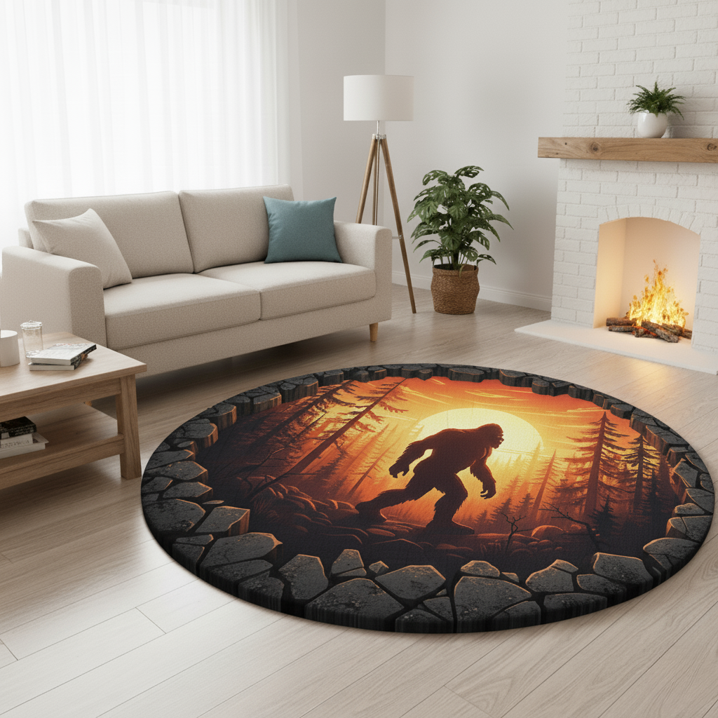 Bigfoot Forest Fire In Floor Round Mat