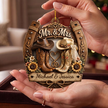Personalized Rustic Horseshoe & Cowboy Boots Wedding Wooden Ornament