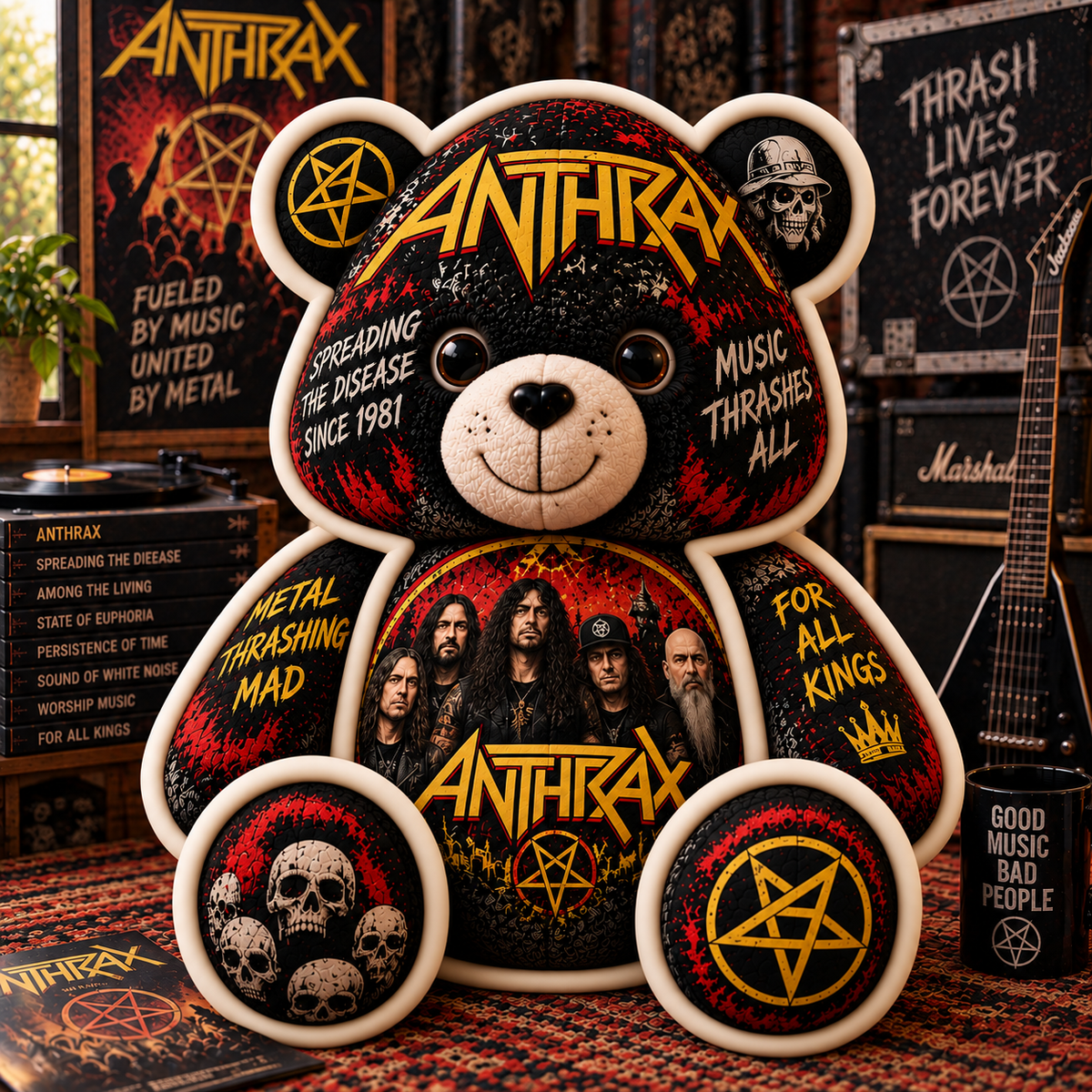Anthrax Bear Custom Shaped Pillow – Thrash Metal Music Fan Gift