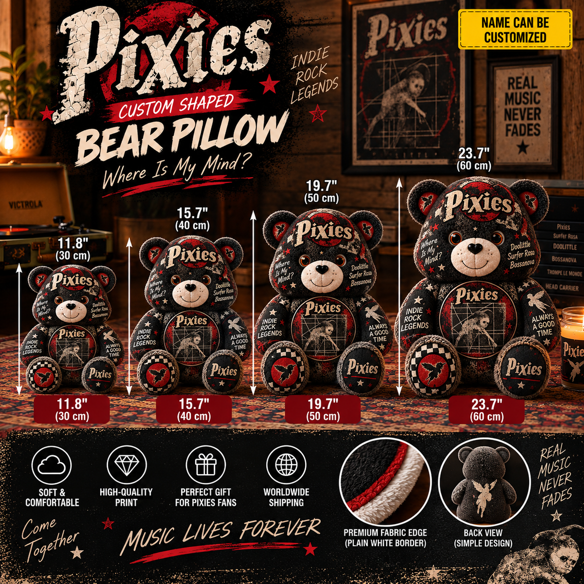 Pixies Custom Shaped Bear Pillow – Alternative Rock Inspired Gift for Pixies Fans