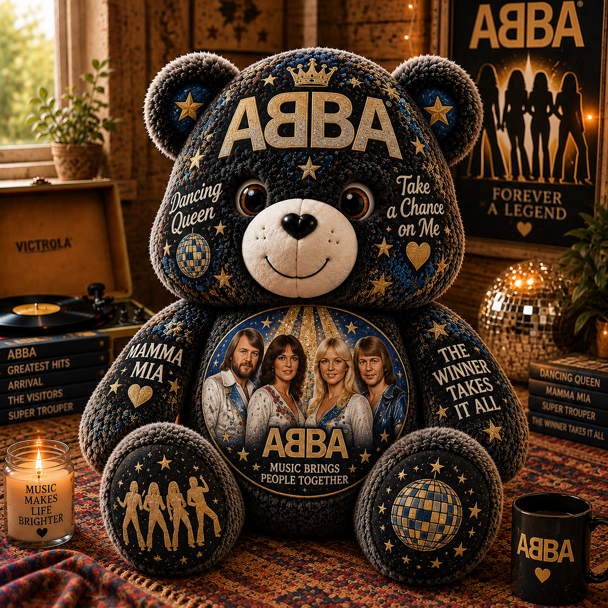 ABBA Dancing Queen Bear Custom Shaped Pillow – Music Fan Gift, 70s Pop Collectible