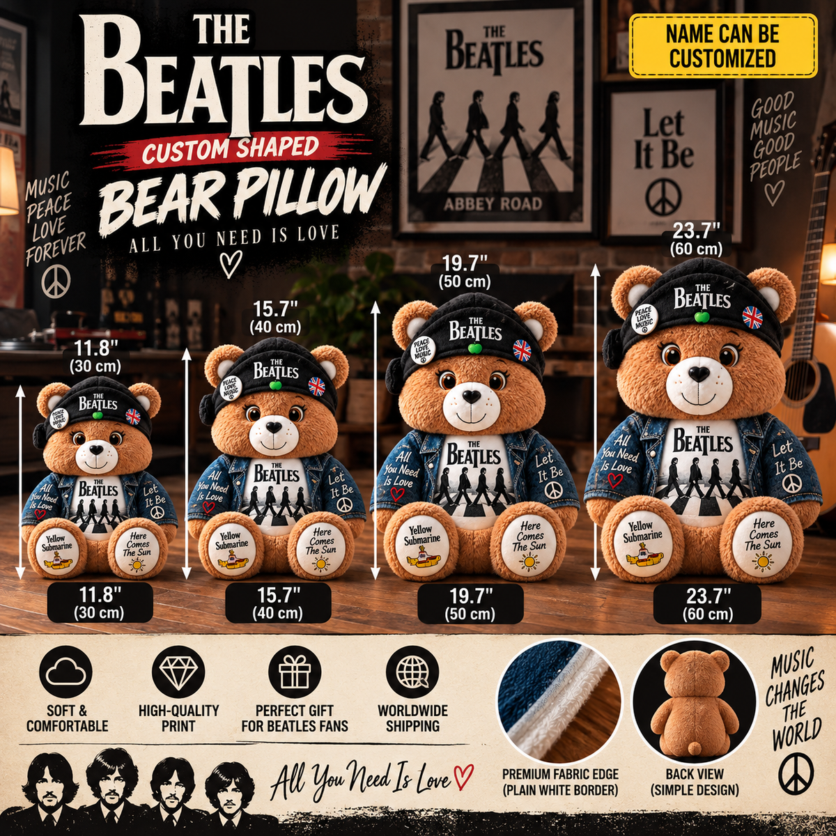 The Beatles Custom Shaped Bear Pillow – Abbey Road Inspired Gift for Beatles Fans