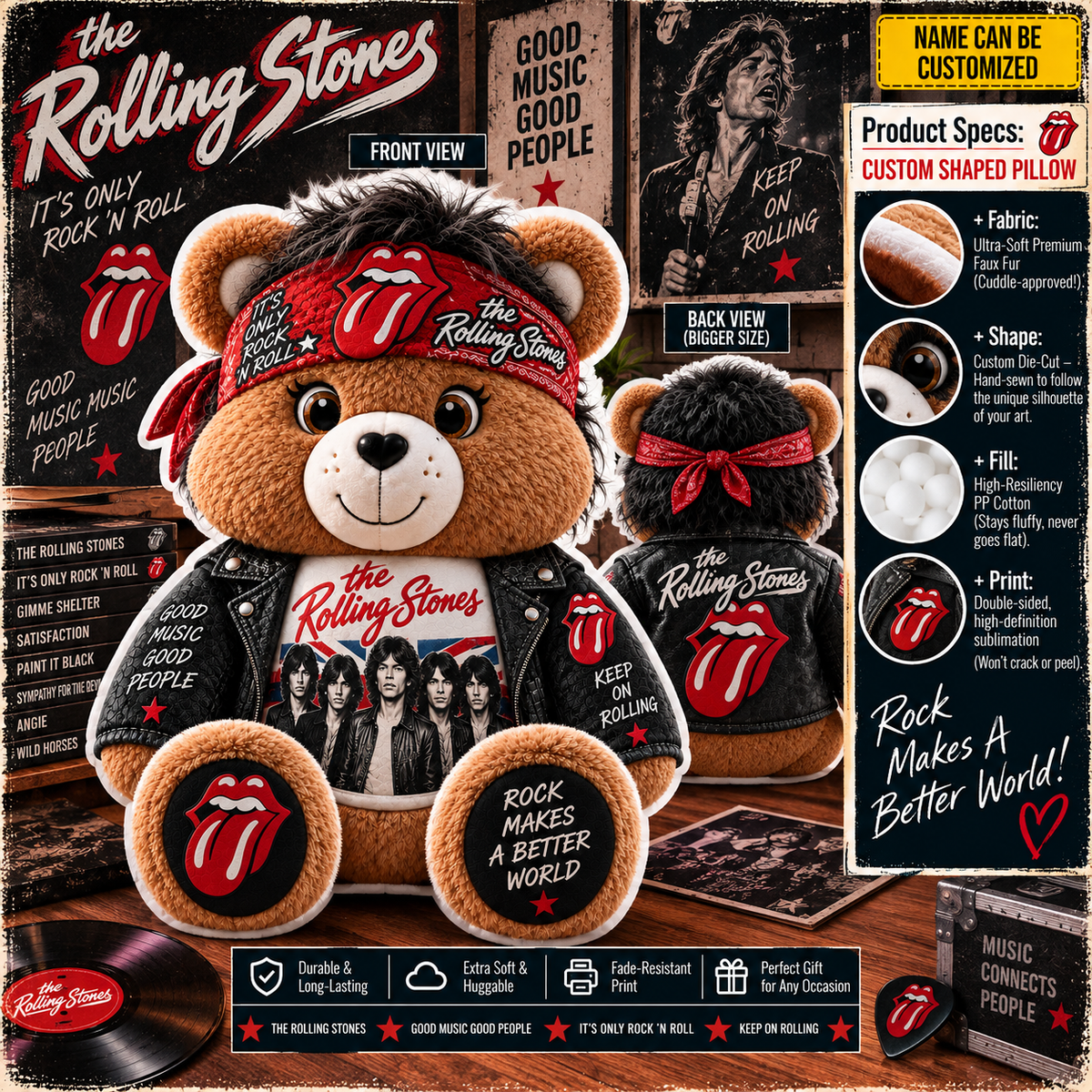 The Rolling Stones Custom Shaped Bear Pillow – Classic Rock Inspired Gift for Rolling Stones Fans