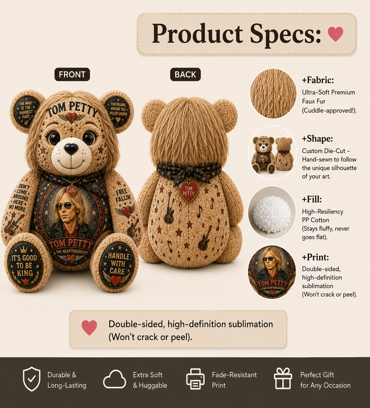 Tom Petty Free Fallin’ Bear Custom Shaped Pillow – The Heartbreakers Classic Rock Music Lover Gift
