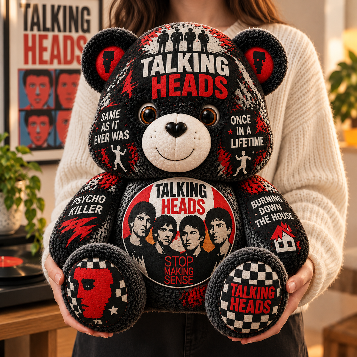 Talking Heads Custom Shaped Bear Pillow – New Wave & Art Rock Music Inspired Gift for Talking Heads Fans