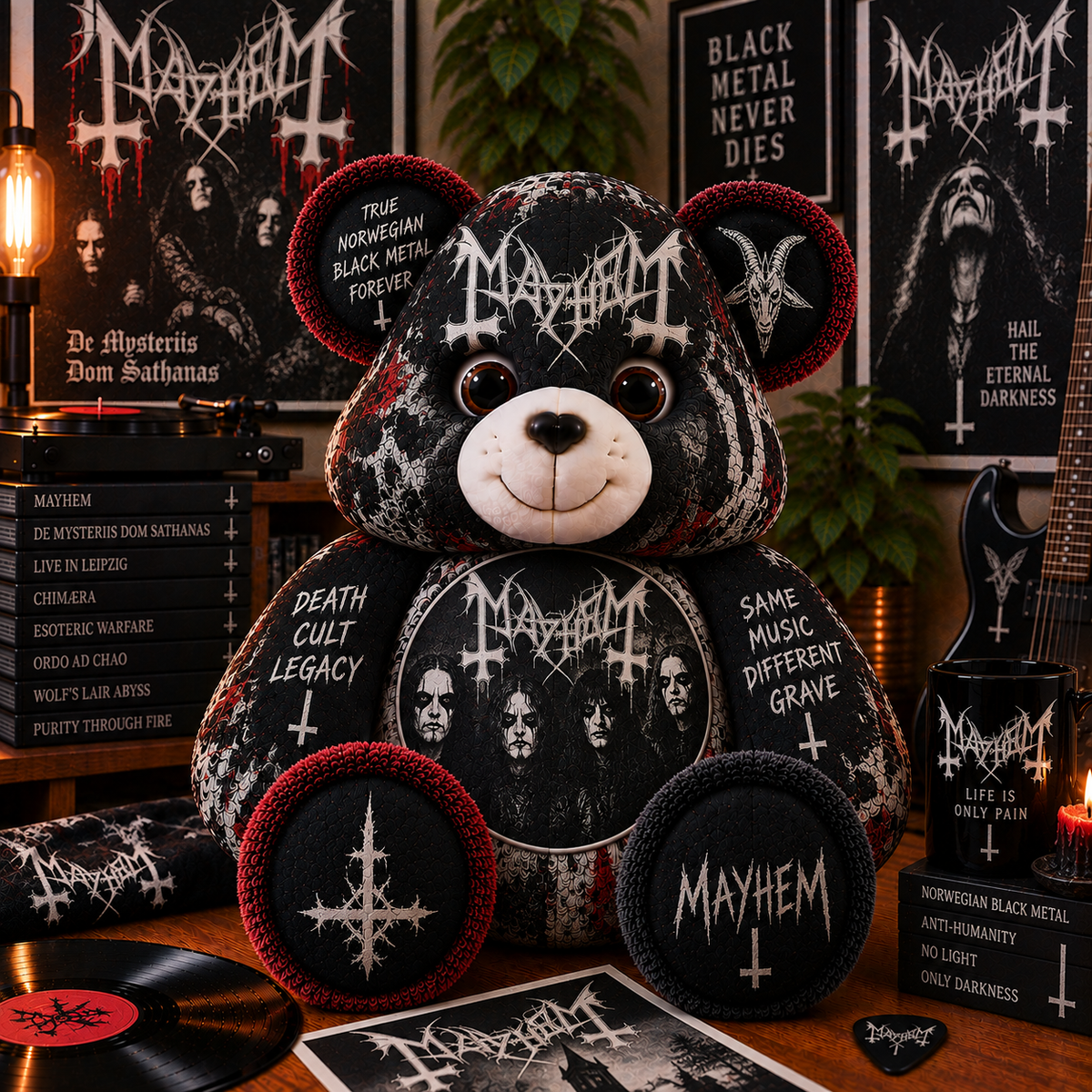 Mayhem Custom Shaped Bear Pillow – Norwegian Black Metal Inspired Gift for Fans