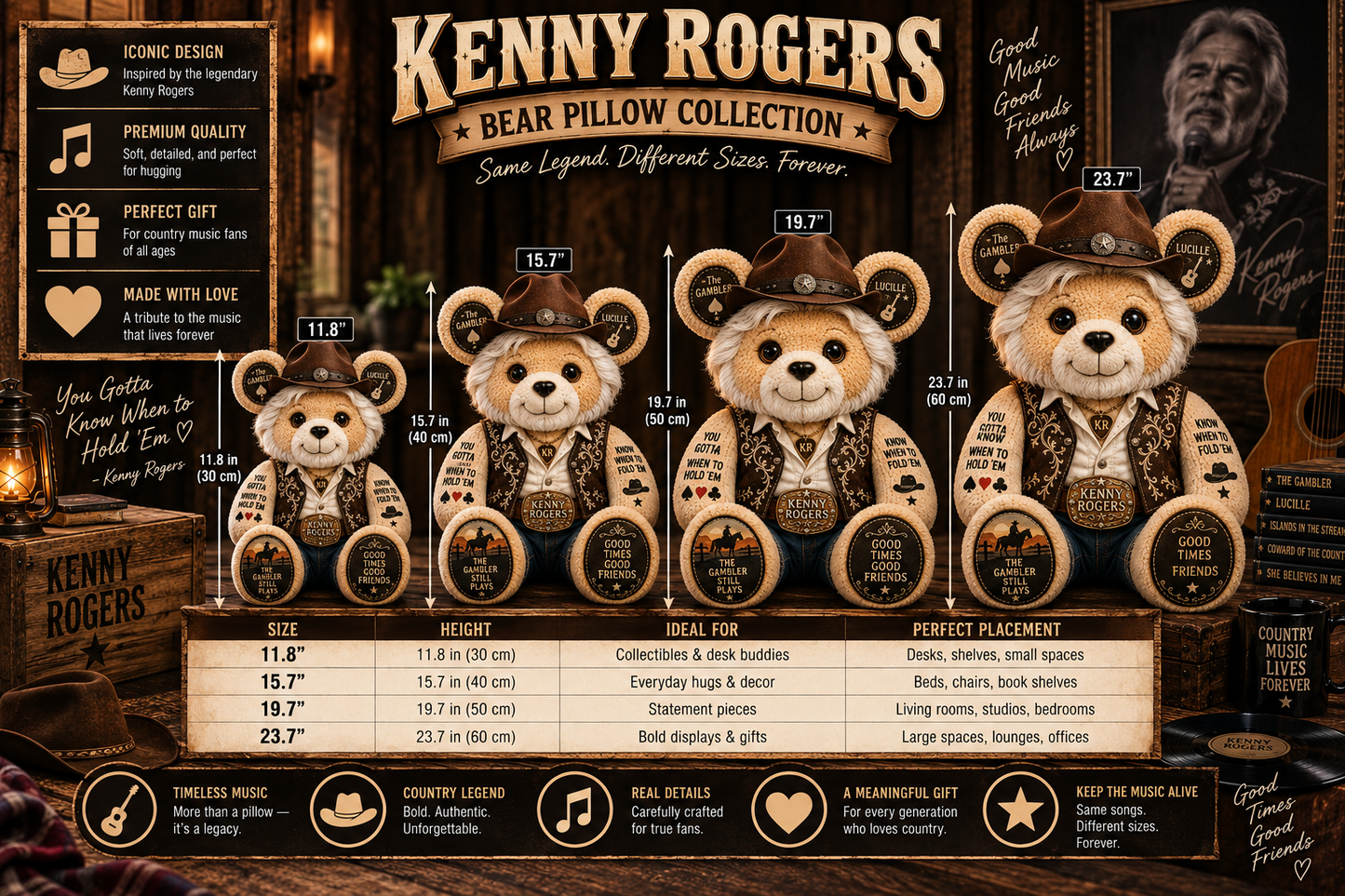 Kenny Rogers Bear Custom Shaped Pillow – The Gambler Country Music Legend Fan Gift