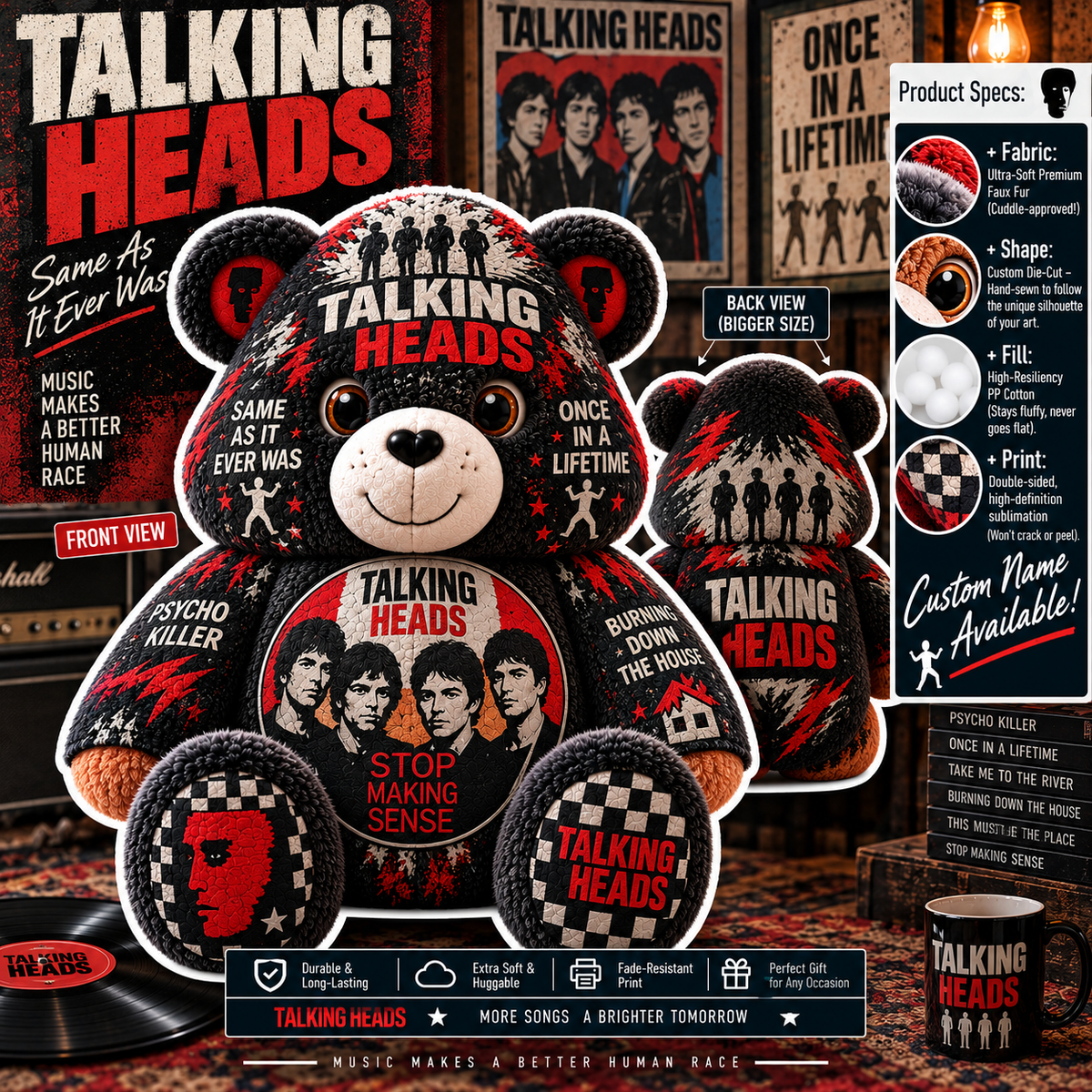 Talking Heads Custom Shaped Bear Pillow – New Wave & Art Rock Music Inspired Gift for Talking Heads Fans