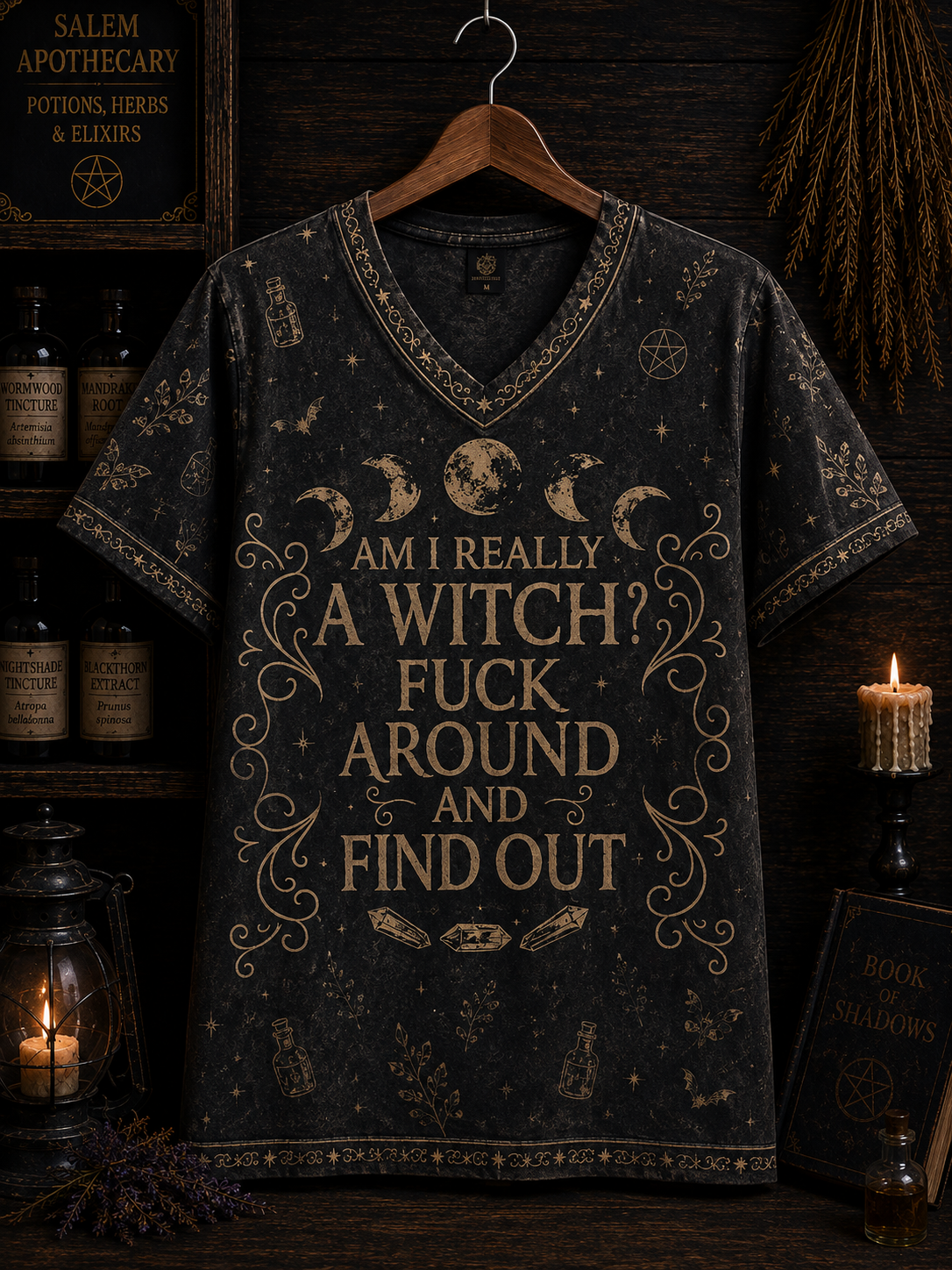 Funny Witch V-Neck Shirt, Fuck Around And Find Out Witch Tee, Gothic Salem Witch Shirt, Witchy Halloween Gift