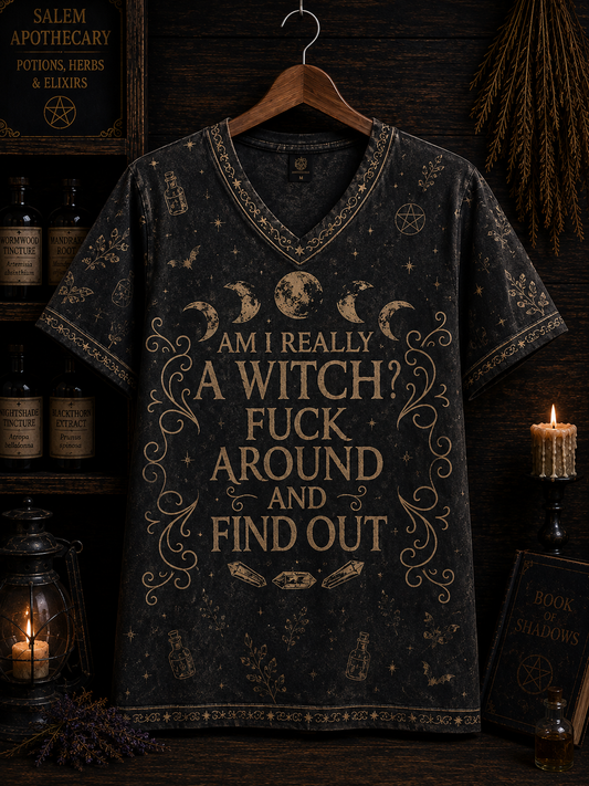 Funny Witch V-Neck Shirt, Fuck Around And Find Out Witch Tee, Gothic Salem Witch Shirt, Witchy Halloween Gift