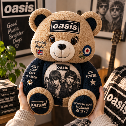 Oasis Bear Custom Shaped Pillow – Definitely Maybe & Morning Glory Music Fan Gift, Britpop Rock Lover Decor