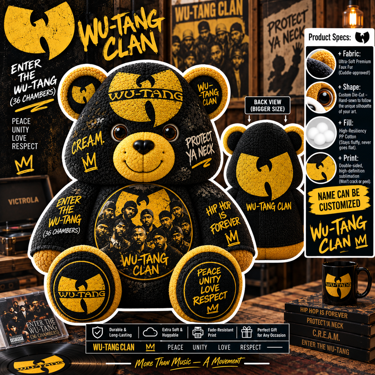 Wu-Tang Clan Custom Shaped Bear Pillow – 36 Chambers Hip Hop Inspired Gift for Wu-Tang Fans