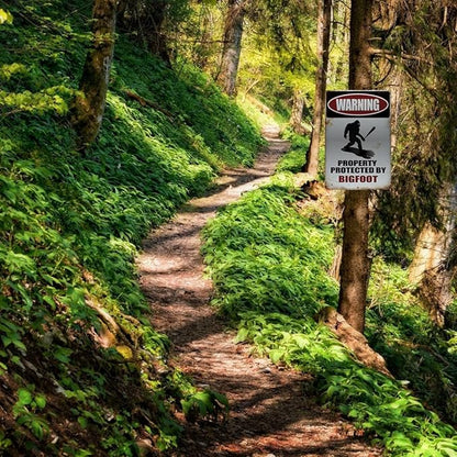 Funny Sasquatch Gift Metal Sign Warning Property Protected by Bigfoot - Funny Metal Decor Sign