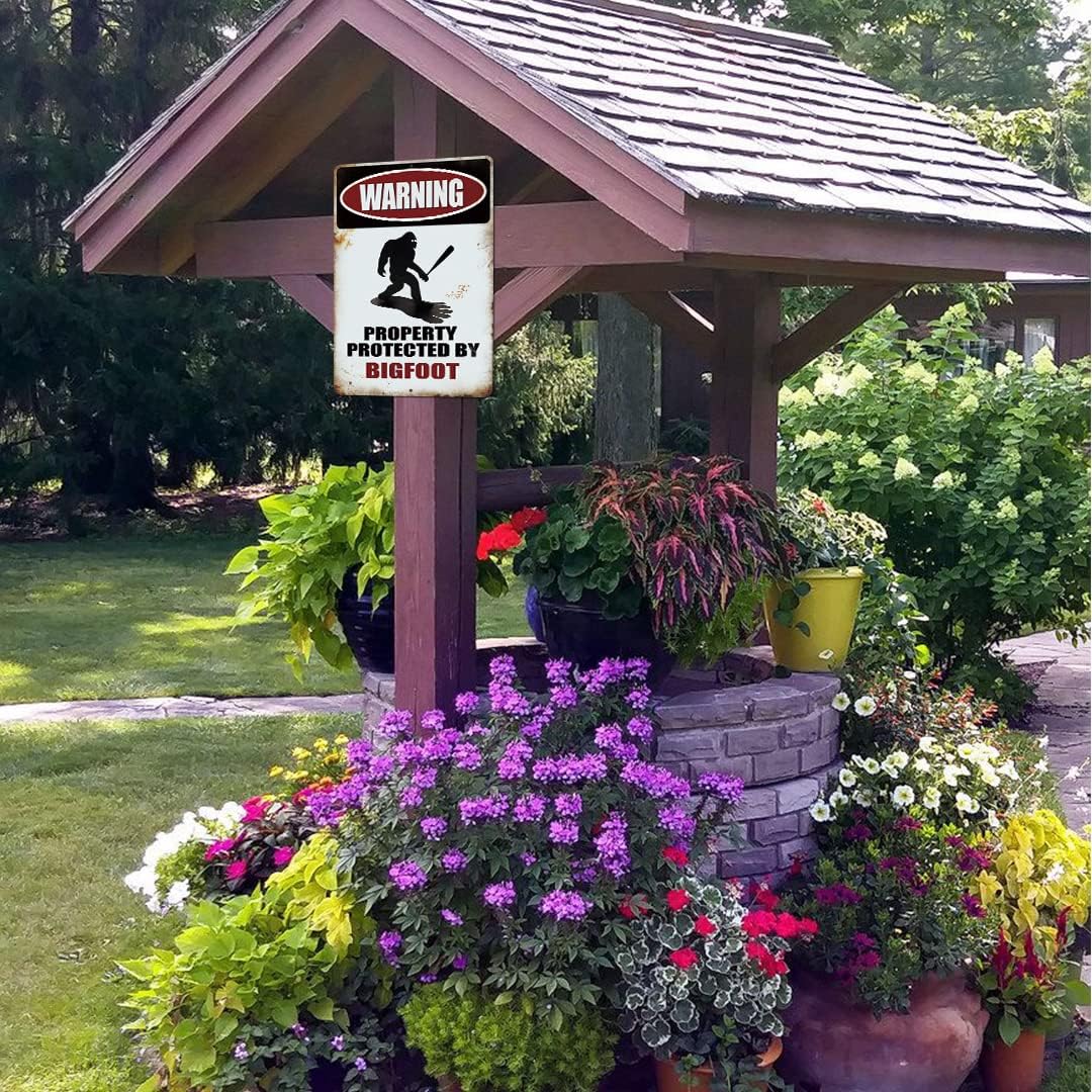 Funny Sasquatch Gift Metal Sign Warning Property Protected by Bigfoot - Funny Metal Decor Sign