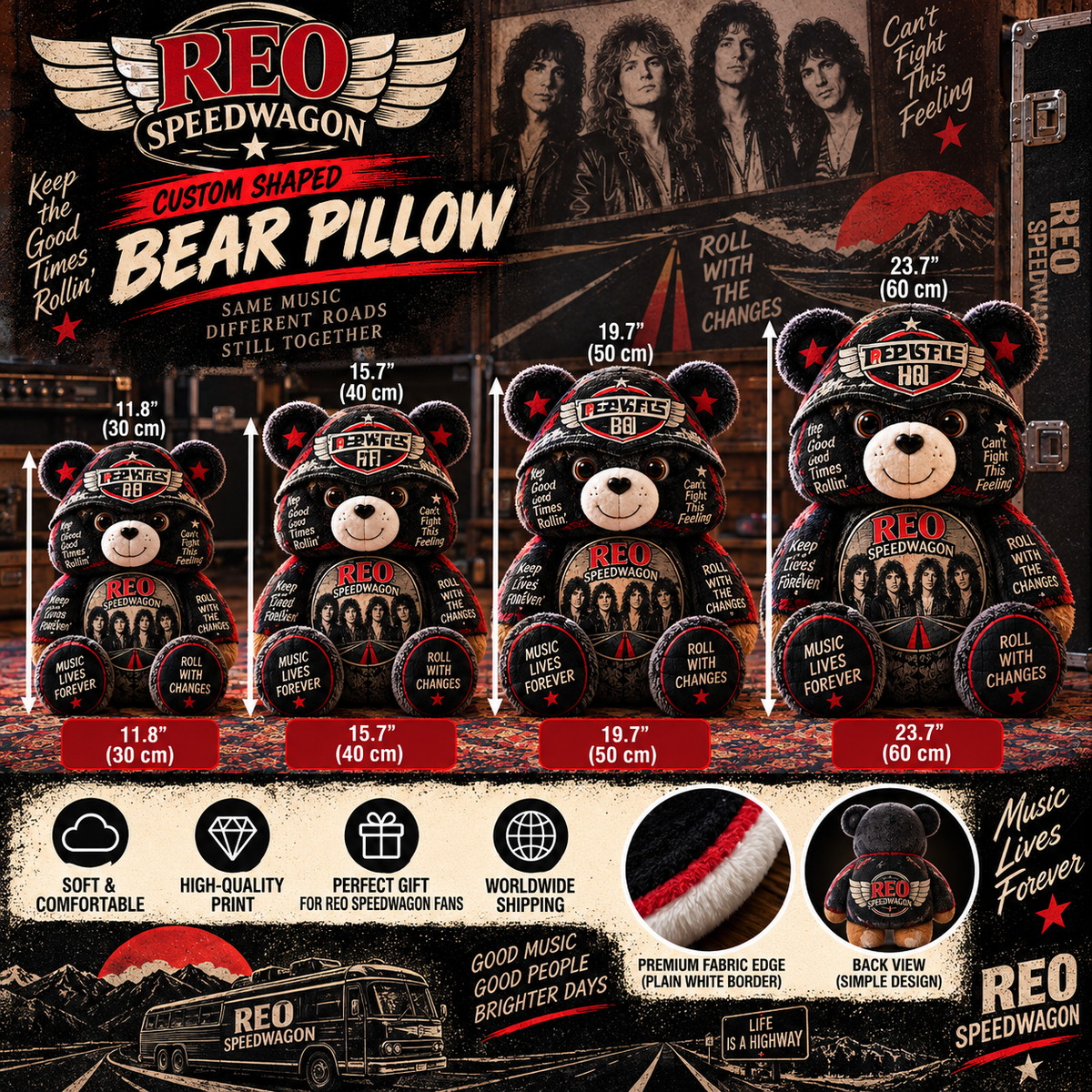 REO Speedwagon Custom Shaped Bear Pillow – Can’t Fight This Feeling Classic Rock Inspired Gift for REO Speedwagon Fans