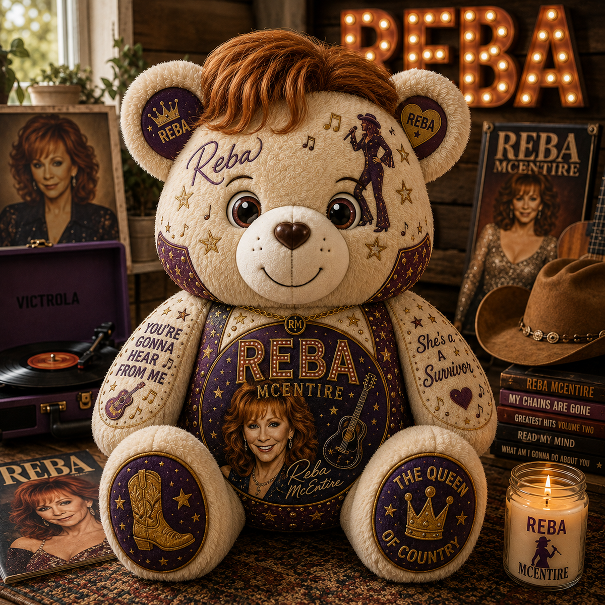Reba McEntire Bear Custom Shaped Pillow – Queen of Country Music Fan Gift, Country Lover Decor