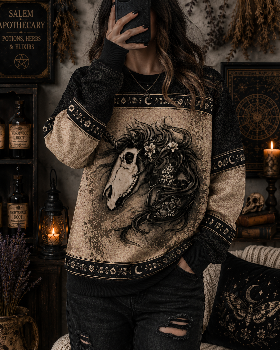 Witchy Unicorn Skull All Over Print Shirt - Gothic Unicorn Halloween Shirt, Witch Lover Gift