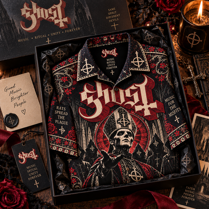 Ghost Hawaiian Shirt – Gothic Rock Music Inspired AOP Shirt, Dark Ritual Fan Gift