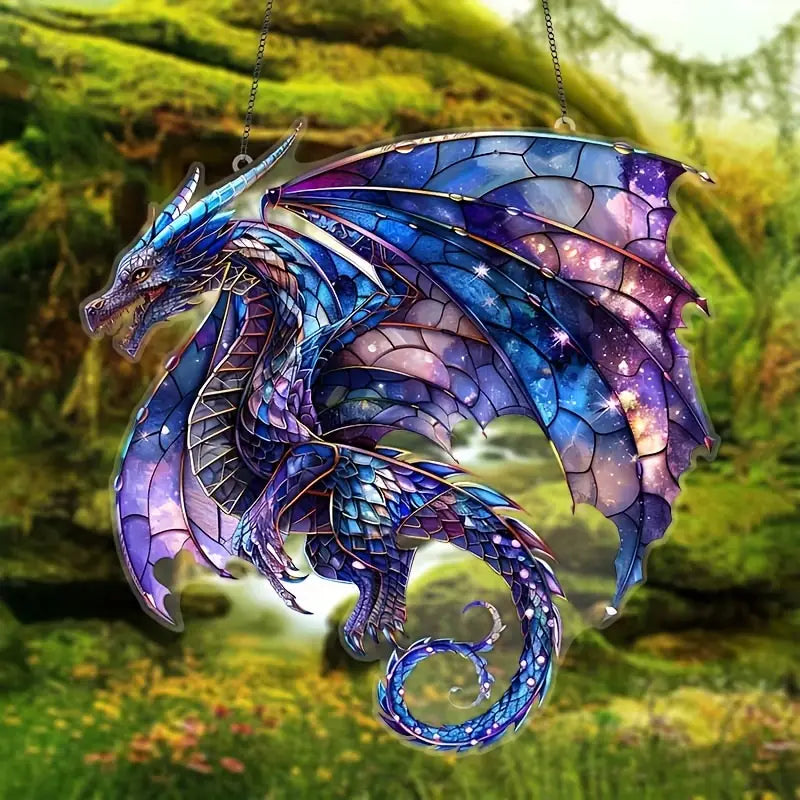 Purple Flying Dragon Stained Glass Window Hanging