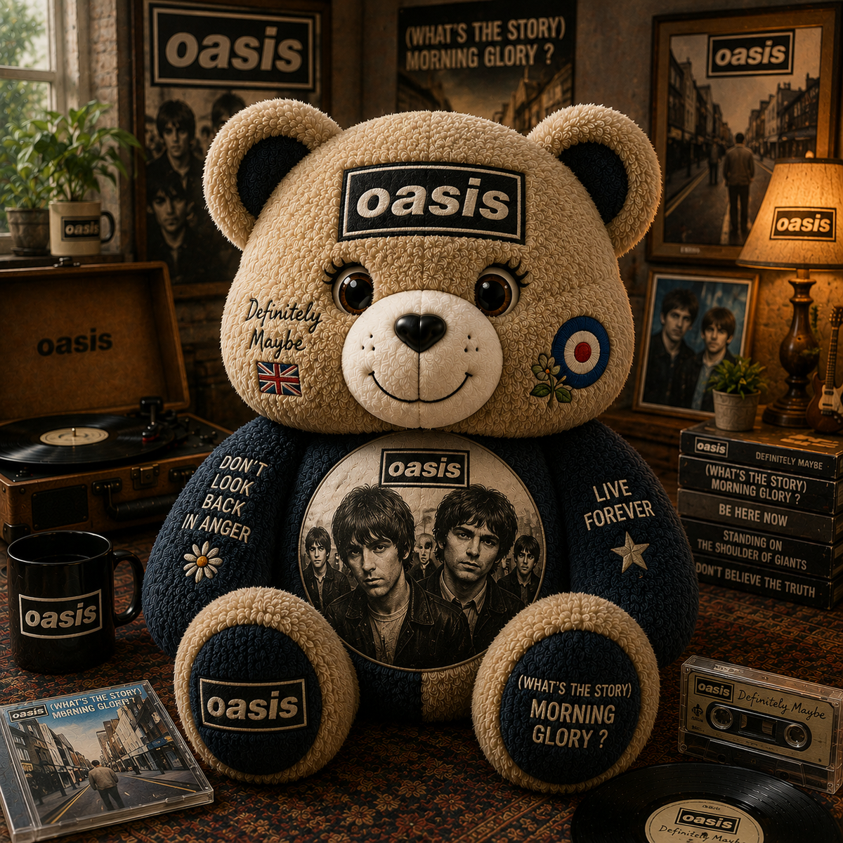 Oasis Bear Custom Shaped Pillow – Definitely Maybe & Morning Glory Music Fan Gift, Britpop Rock Lover Decor