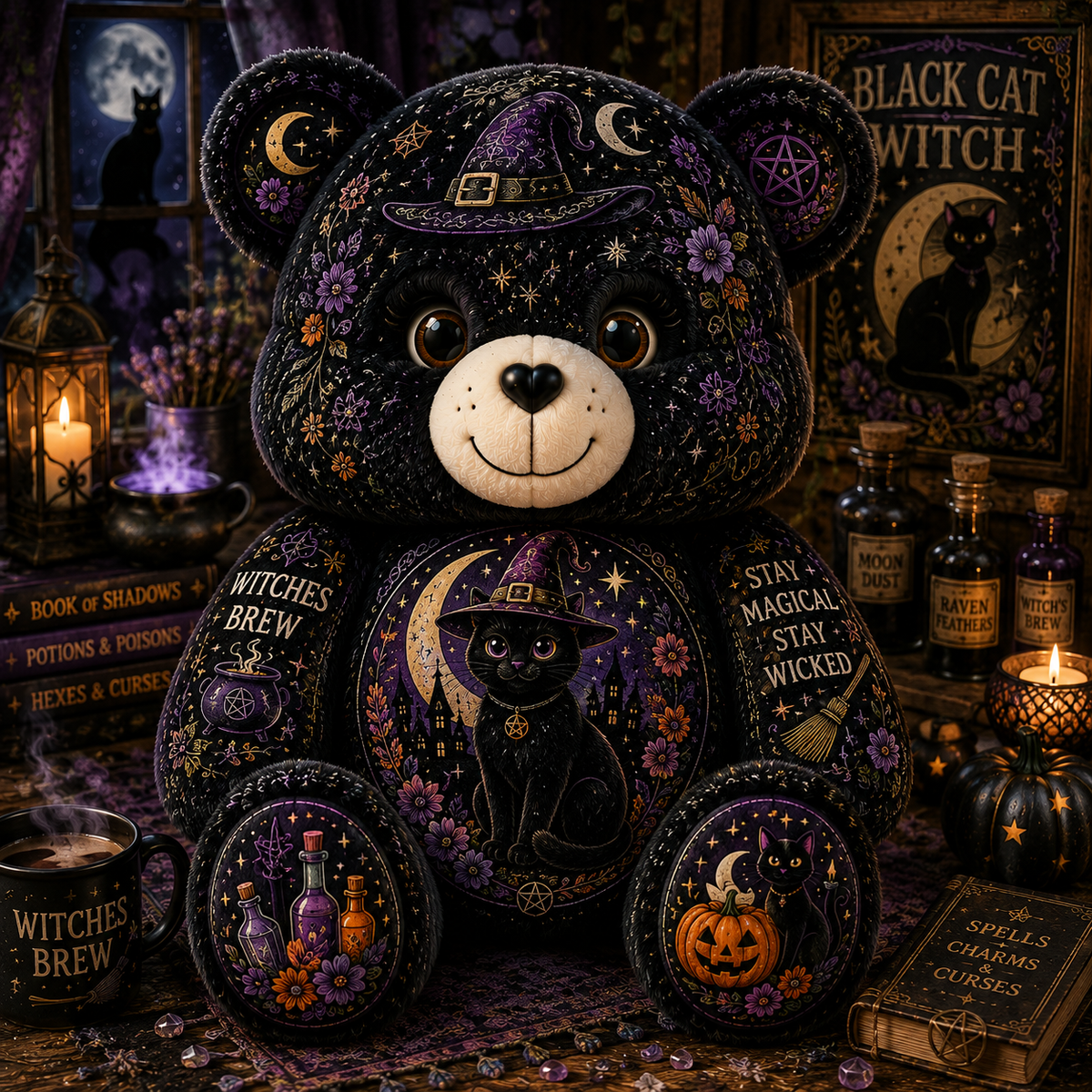 Black Cat Witch Bear Custom Shaped Pillow – Stay Magical, Stay Wicked Halloween Witchy Gift