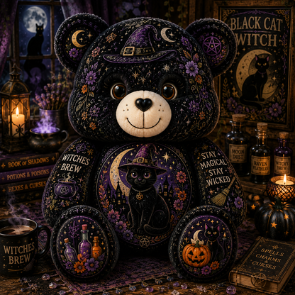 Black Cat Witch Bear Custom Shaped Pillow – Stay Magical, Stay Wicked Halloween Witchy Gift