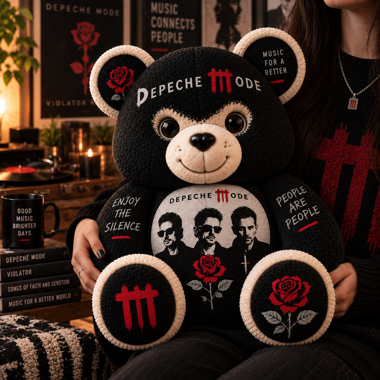 Depeche Mode Bear Custom Shaped Pillow – Synth-Pop Music Fan Gift, Personal Jesus & Violator Collectible