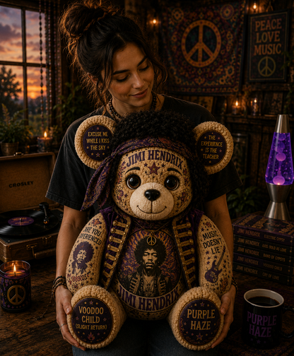 Jimi Hendrix Purple Haze Bear Custom Shaped Pillow – Psychedelic Rock Legend Music Lover Gift