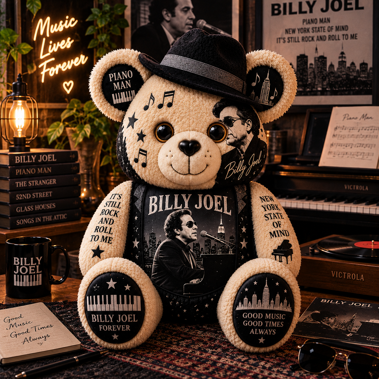 Billy Joel Piano Man Bear Custom Shaped Pillow – Music Legend Fan Gift, Classic Rock Collectible