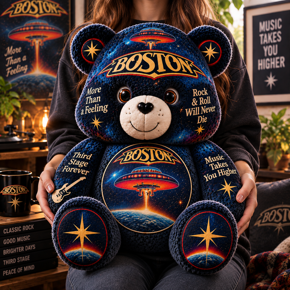 Boston Custom Shaped Bear Pillow – Classic Rock Music Inspired Gift for Boston Fans