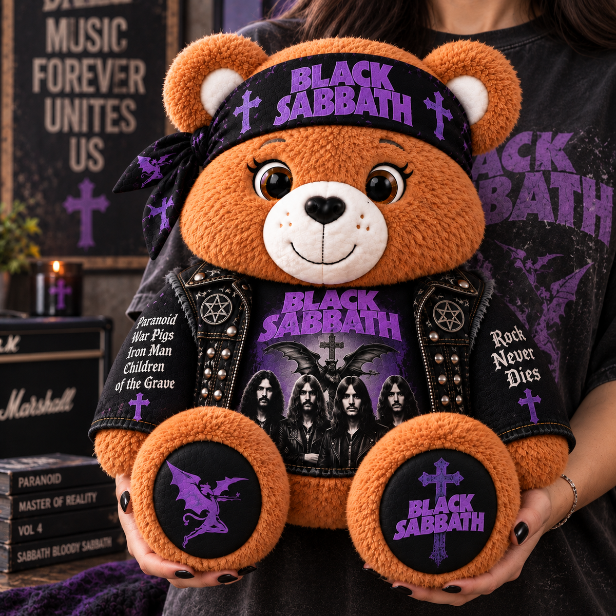 Black Sabbath Custom Shaped Bear Pillow – Heavy Metal Inspired Gift for Black Sabbath Fans