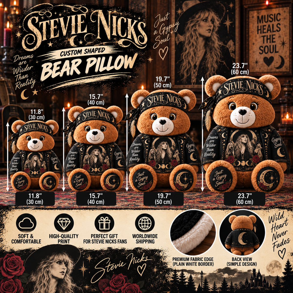 Stevie Nicks Custom Shaped Bear Pillow – Gypsy Soul & Classic Rock Inspired Gift for Stevie Nicks Fans