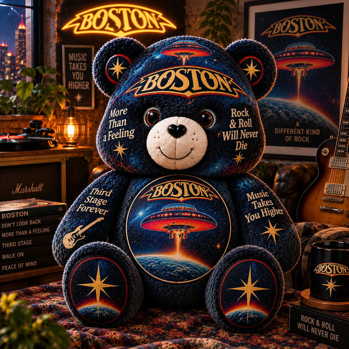 Boston Custom Shaped Bear Pillow – Classic Rock Music Inspired Gift for Boston Fans