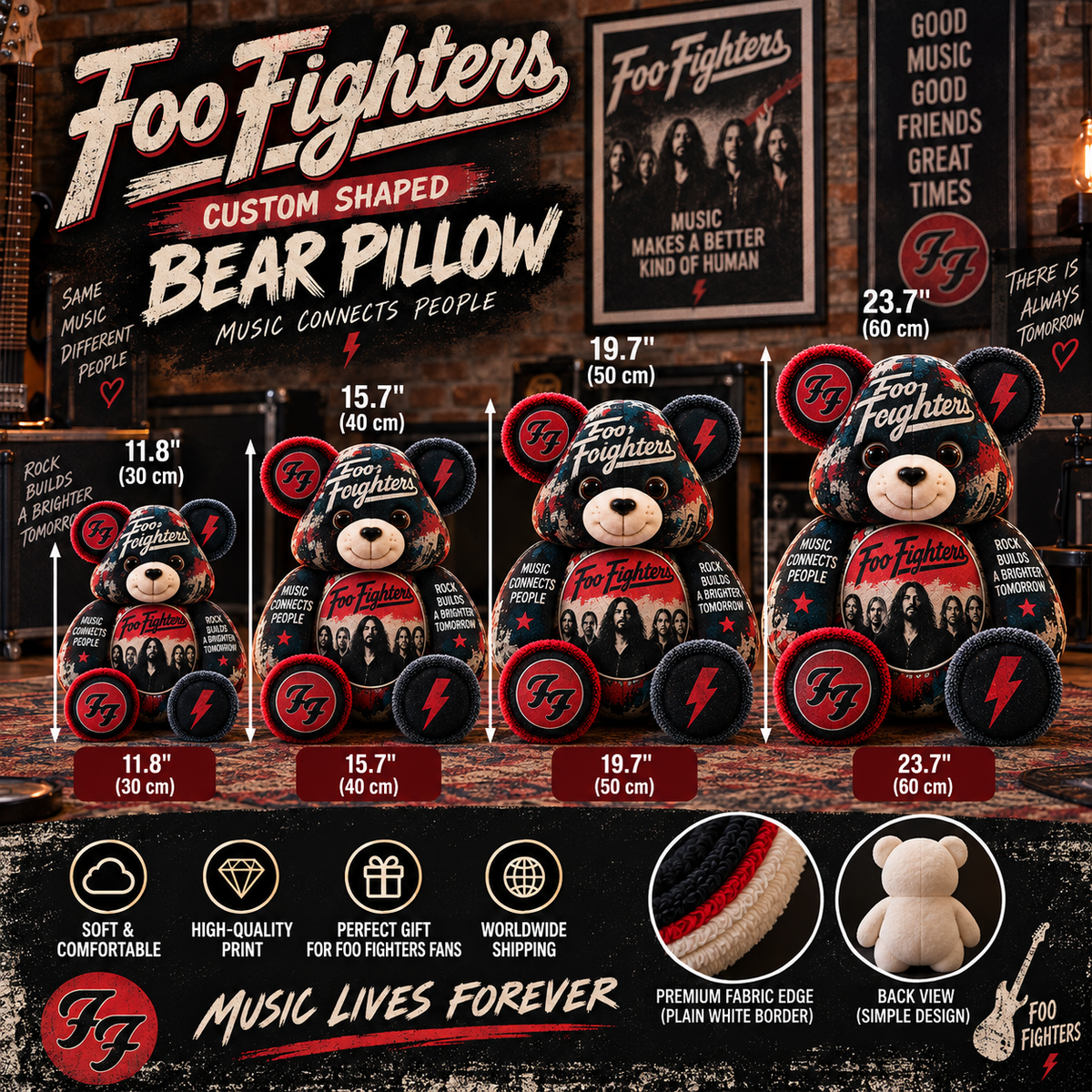 Foo Fighters Custom Shaped Bear Pillow – Alternative Rock Music Inspired Gift for Fans