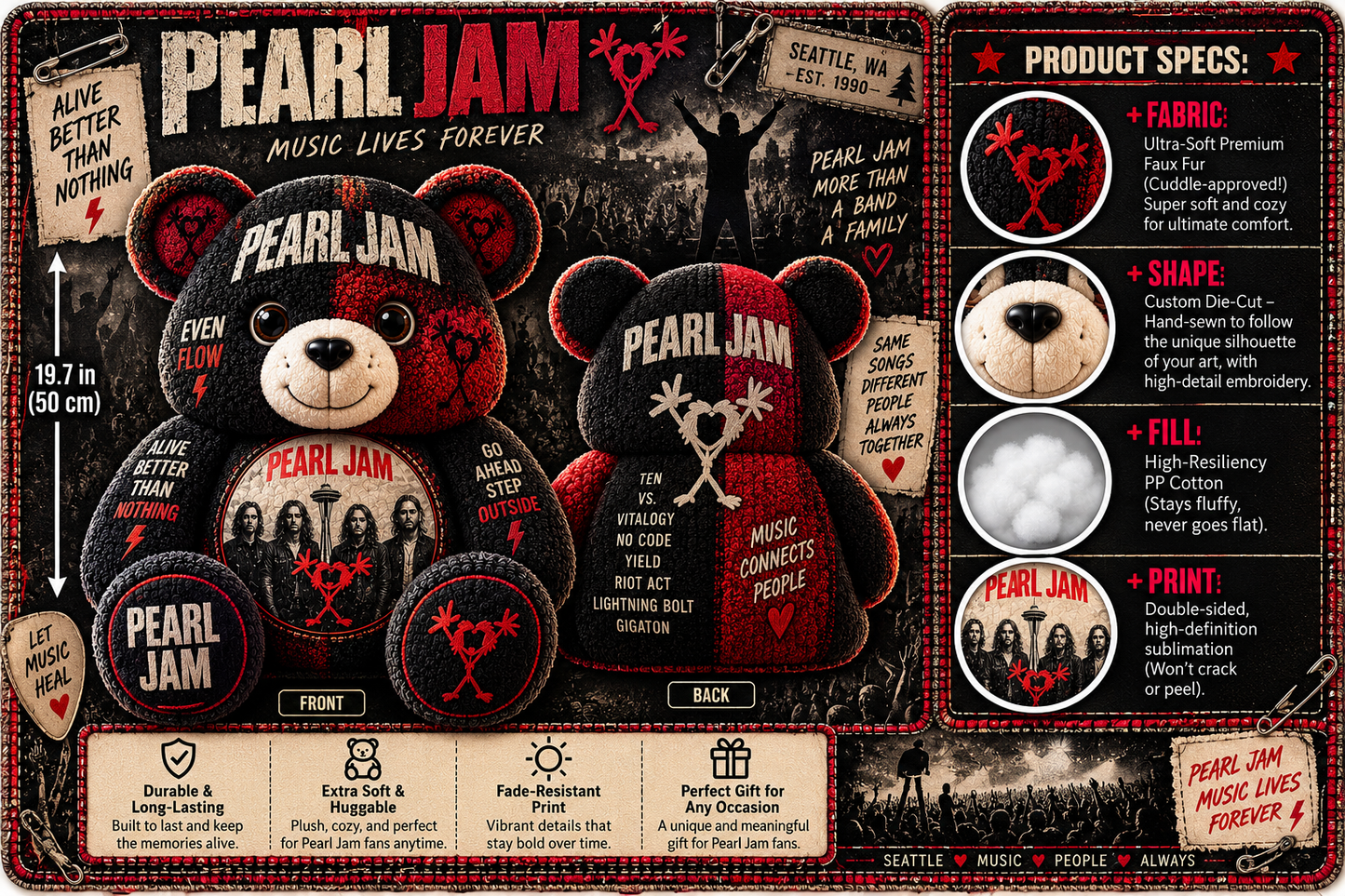 Pearl Jam Bear Custom Shaped Pillow – Seattle Grunge Rock Music Fan Gift,