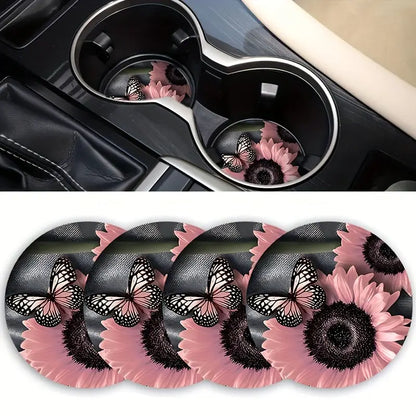 Pink Sunflower & Butterfly Car Coaster