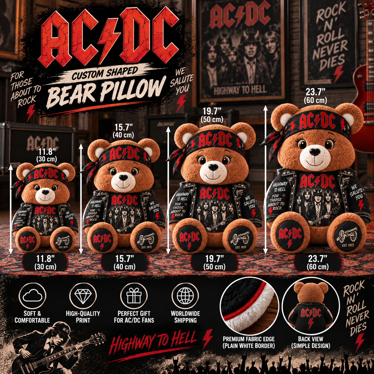 AC/DC Custom Shaped Bear Pillow – Classic Rock Inspired Gift for AC/DC Fans